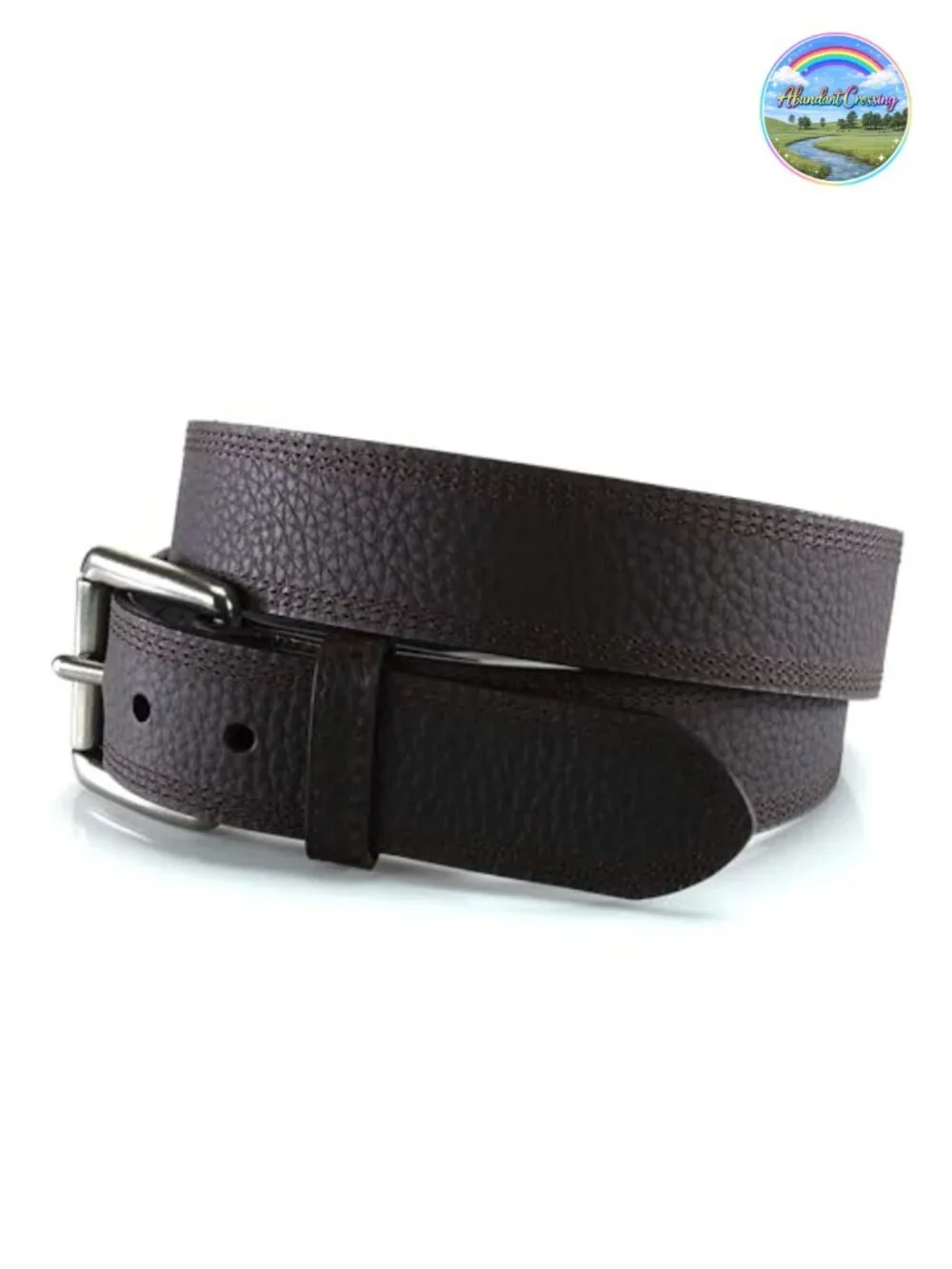 Men's Genuine Leather Western Belt Triple Row Stitch Roller Buckle